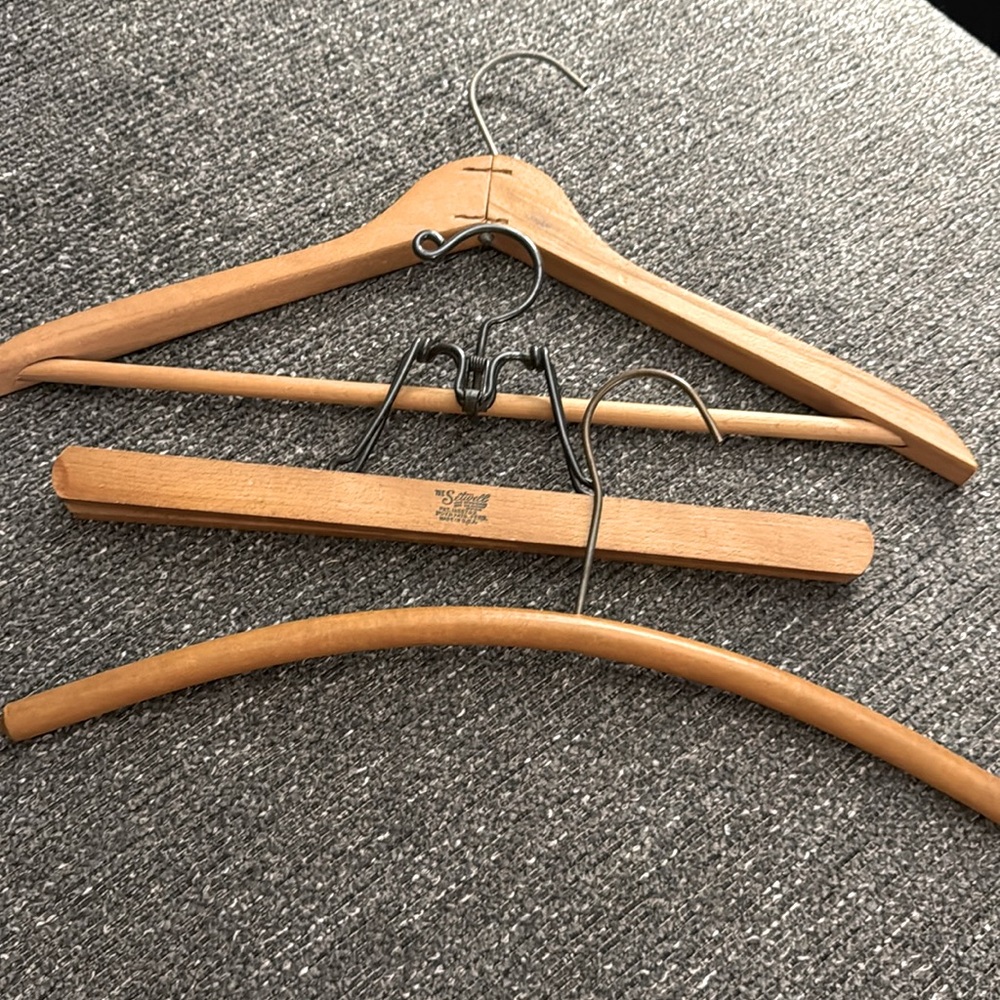 Lot of 3 Antique hardwood hangers, likely from 1930’s or 40’s, Vintage valet